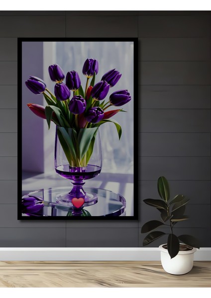 Mor Lale Buketi Yağlı Boya Görünümlü Ahşap Dekoratif Tablo Dikdörtgen Tablo fiyatları