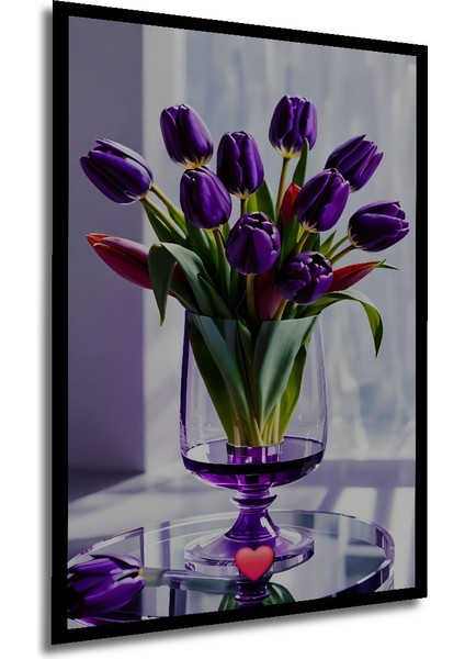 Mor Lale Buketi Yağlı Boya Görünümlü Ahşap Dekoratif Tablo Dikdörtgen Tablo