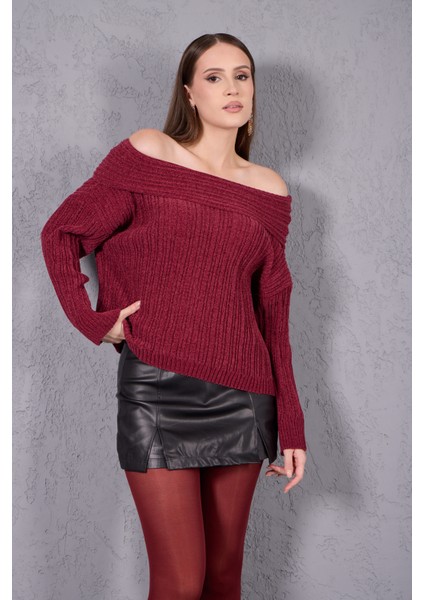 Kadın Bordo Şönil Kadife Carmen Yaka Triko Kazak modelleri