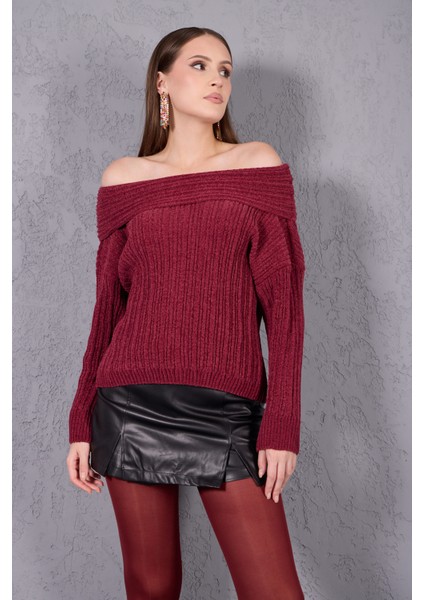 Kadın Bordo Şönil Kadife Carmen Yaka Triko Kazak fırsatları