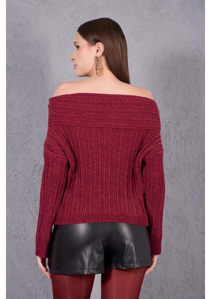 Kadın Bordo Şönil Kadife Carmen Yaka Triko Kazak indirimleri