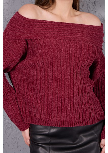 Kadın Bordo Şönil Kadife Carmen Yaka Triko Kazak