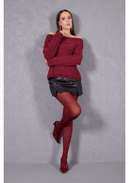 Kadın Bordo Şönil Kadife Carmen Yaka Triko Kazak