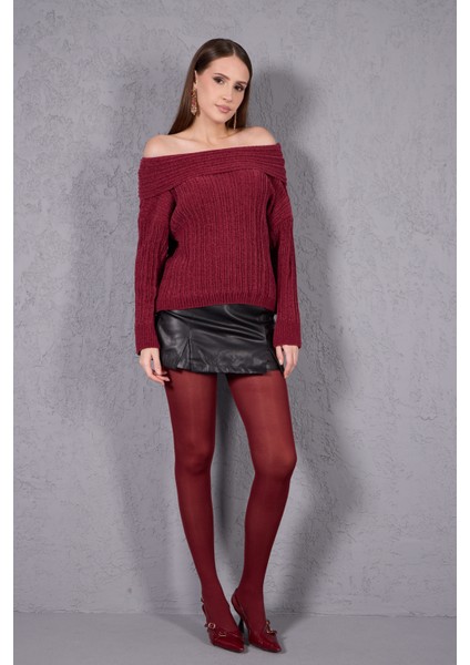 Kadın Bordo Şönil Kadife Carmen Yaka Triko Kazak