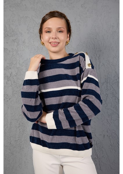 Kadın Laci-Gri Çizgili Şönil Kadife Bisiklet Yaka Omuzda Düğme Detaylı Triko Kazak