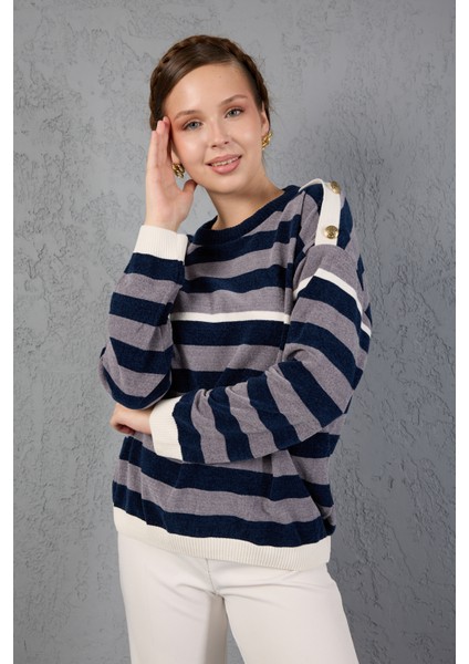 Kadın Laci-Gri Çizgili Şönil Kadife Bisiklet Yaka Omuzda Düğme Detaylı Triko Kazak fiyatları