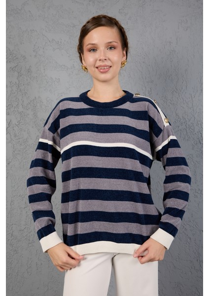 Kadın Laci-Gri Çizgili Şönil Kadife Bisiklet Yaka Omuzda Düğme Detaylı Triko Kazak modelleri