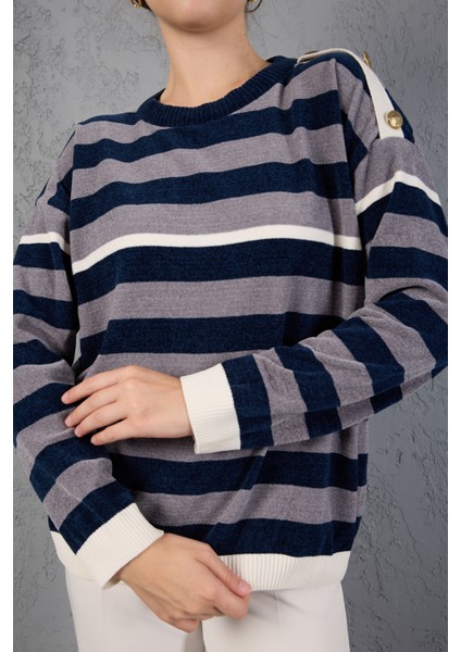 Kadın Laci-Gri Çizgili Şönil Kadife Bisiklet Yaka Omuzda Düğme Detaylı Triko Kazak indirimleri