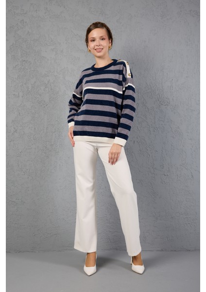 Kadın Laci-Gri Çizgili Şönil Kadife Bisiklet Yaka Omuzda Düğme Detaylı Triko Kazak