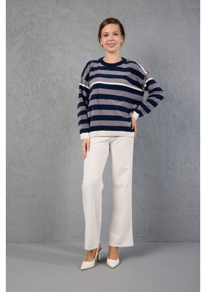 Kadın Laci-Gri Çizgili Şönil Kadife Bisiklet Yaka Omuzda Düğme Detaylı Triko Kazak