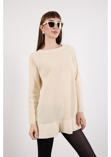 Kadın Ekru Reglan Kollu Fırfırlı Etek Ucu Simli Triko Kazak fiyatları