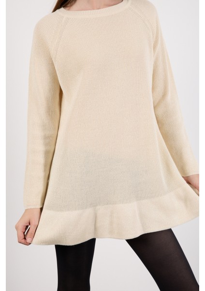 Kadın Ekru Reglan Kollu Fırfırlı Etek Ucu Simli Triko Kazak fırsatları