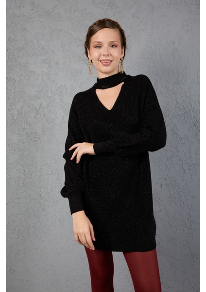 Kadın Siyah Simli Selanik Örgü Reglan Balon Kollu Choker Yaka Triko Kazak fırsatları