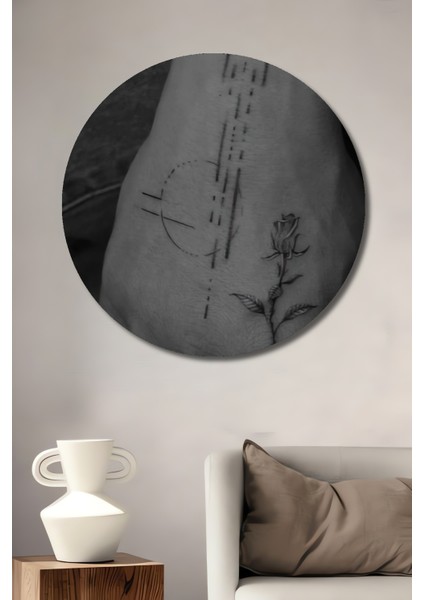 Minimalist Siyah Beyaz Çizim Görünümlü Gül ve Geometrik Şekiller Ahşap Tablo Yuvarlak Tablo