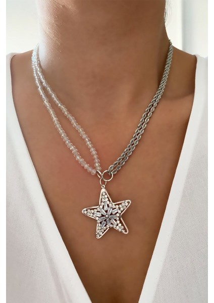 Şeffaf Kristal Yıldız Uçlu Gümüş Renk Kolye