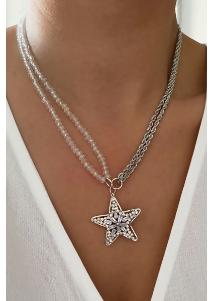 Şeffaf Kristal Yıldız Uçlu Gümüş Renk Kolye fiyatları
