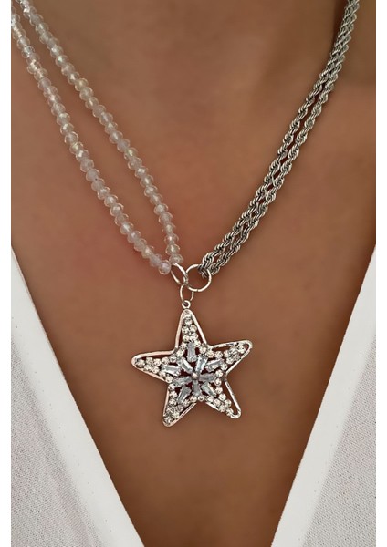 Şeffaf Kristal Yıldız Uçlu Gümüş Renk Kolye modelleri