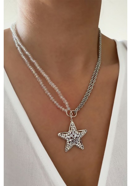 Şeffaf Kristal Yıldız Uçlu Gümüş Renk Kolye fırsatları