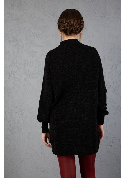 Kadın Siyah Simli Selanik Örgü Reglan Balon Kollu Choker Yaka Triko Kazak indirimleri