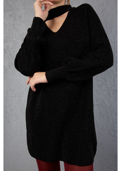 Kadın Siyah Simli Selanik Örgü Reglan Balon Kollu Choker Yaka Triko Kazak