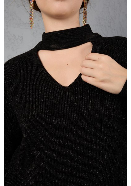 Kadın Siyah Simli Selanik Örgü Reglan Balon Kollu Choker Yaka Triko Kazak