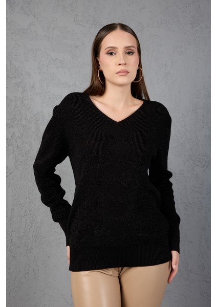 Kadın Siyah Simli Selanik Örgü Baklava Desenli Geniş Manşetli V Yaka Triko Kazak