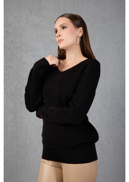 Kadın Siyah Simli Selanik Örgü Baklava Desenli Geniş Manşetli V Yaka Triko Kazak fiyatları