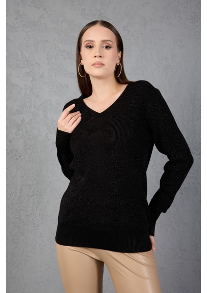 Kadın Siyah Simli Selanik Örgü Baklava Desenli Geniş Manşetli V Yaka Triko Kazak fırsatları