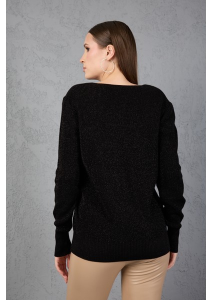 Kadın Siyah Simli Selanik Örgü Baklava Desenli Geniş Manşetli V Yaka Triko Kazak indirimleri