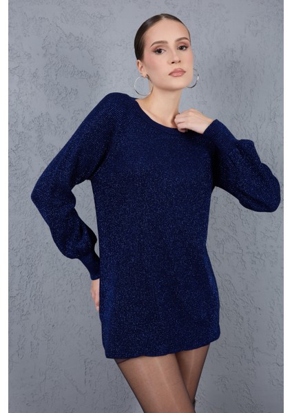 Kadın Koyu Laci Reglan Balon Kollu Bisiklet Yaka Simli Triko Kazak