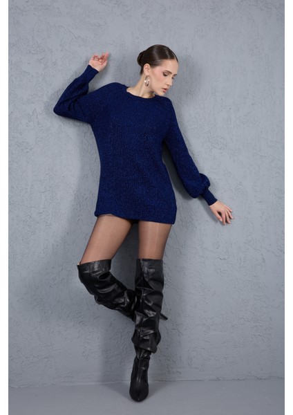 Kadın Koyu Laci Reglan Balon Kollu Bisiklet Yaka Simli Triko Kazak fiyatları