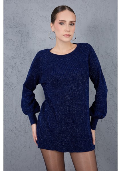 Kadın Koyu Laci Reglan Balon Kollu Bisiklet Yaka Simli Triko Kazak modelleri