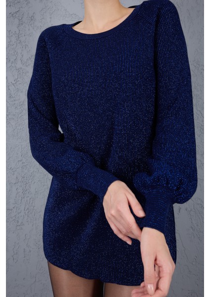 Kadın Koyu Laci Reglan Balon Kollu Bisiklet Yaka Simli Triko Kazak fırsatları