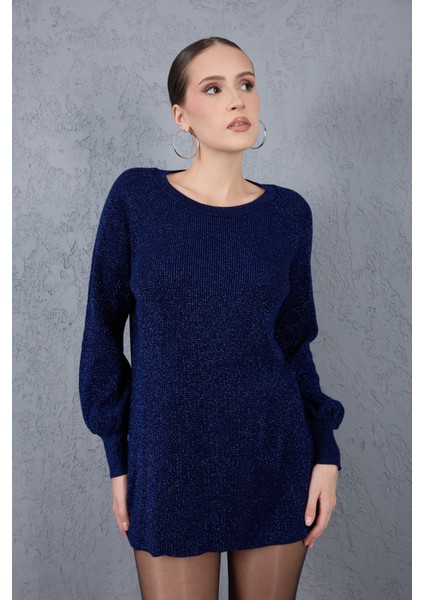 Kadın Koyu Laci Reglan Balon Kollu Bisiklet Yaka Simli Triko Kazak indirimleri