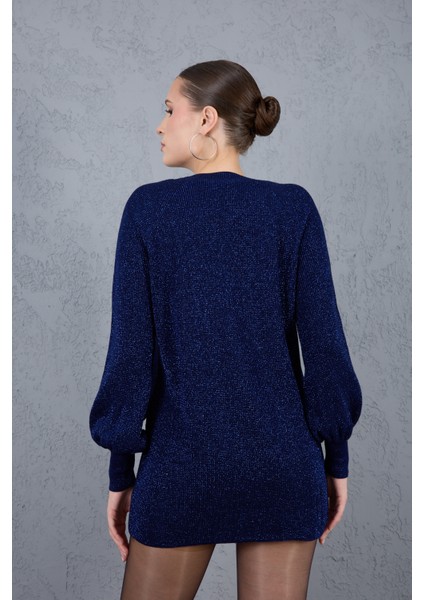 Kadın Koyu Laci Reglan Balon Kollu Bisiklet Yaka Simli Triko Kazak