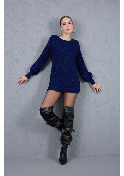 Kadın Koyu Laci Reglan Balon Kollu Bisiklet Yaka Simli Triko Kazak