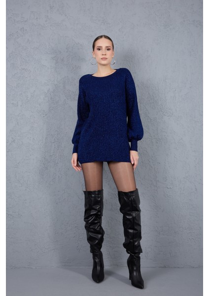 Kadın Koyu Laci Reglan Balon Kollu Bisiklet Yaka Simli Triko Kazak