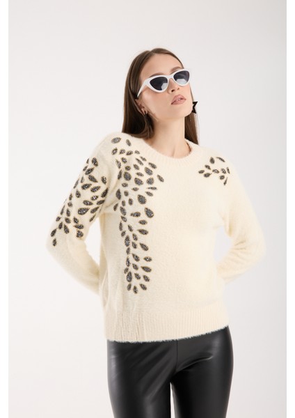 Kadın Ekru Sakal Iplik Boncuk Nakışlı Bisiklet Yaka Triko Bluz fiyatları