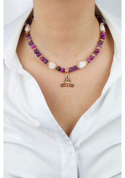 Lotus Figürlü Ay Taşı ve Ametis Doğaltaş Kolye