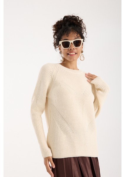 Kadın Ekru Selanik Örgü Reglan Kollu Bisiklet Yaka Simli Triko Kazak fiyatları