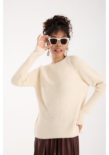 Kadın Ekru Selanik Örgü Reglan Kollu Bisiklet Yaka Simli Triko Kazak modelleri