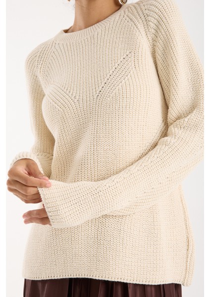 Kadın Ekru Selanik Örgü Reglan Kollu Bisiklet Yaka Simli Triko Kazak fırsatları