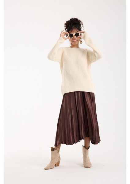 Kadın Ekru Selanik Örgü Reglan Kollu Bisiklet Yaka Simli Triko Kazak