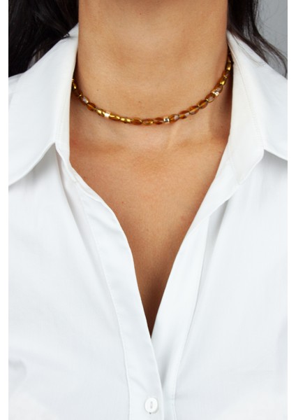 Gold Detay Kehribar Renk Kristal Kolye