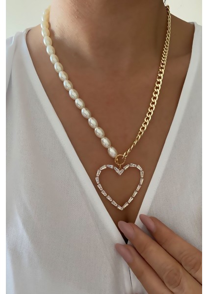 Oval Inci Gold Zincir Kalp Kolye