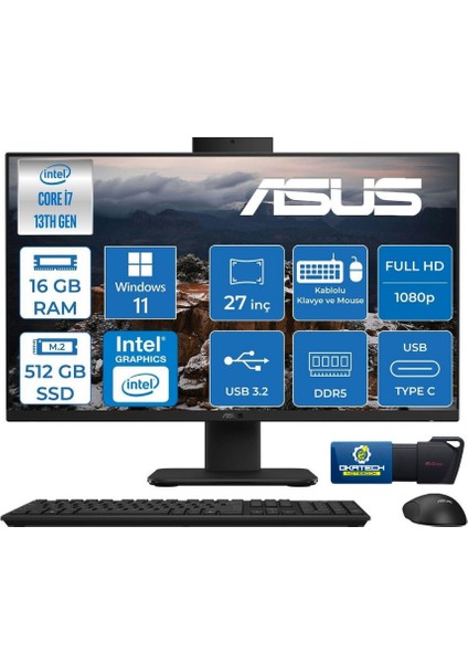 V470VAK Intelcore I7-13620H 16GB Ram 512GB SSD 27"fhd 100HZ 300NITS WİN11PRO Allınone Bilgisayar+Usb Bellek