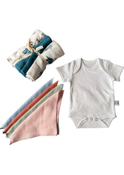 %100 Pamuk Yenidoğan Bebek Seti – Ağız Bezi + Kısa Kol Zıbın + Mavi Orman Müslin Battaniye