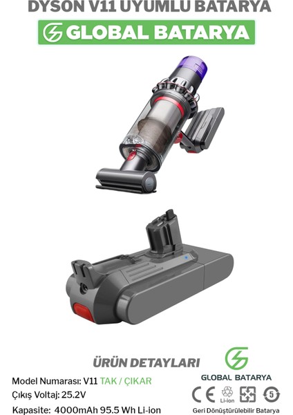 Dyson V11 Uyumlu Dikey Süpürge Bataryası 4000MAH 25.2V Li-Ion Pil (Tak Çıkar Model)