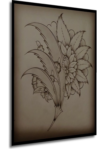 Osmanlı Çini Deseni Kara Kalem Görünümlü Dekoratif Ahşap Tablo Dikdörtgen Tablo