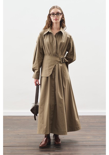 Kemer Detaylı Pileli Elbise Haki